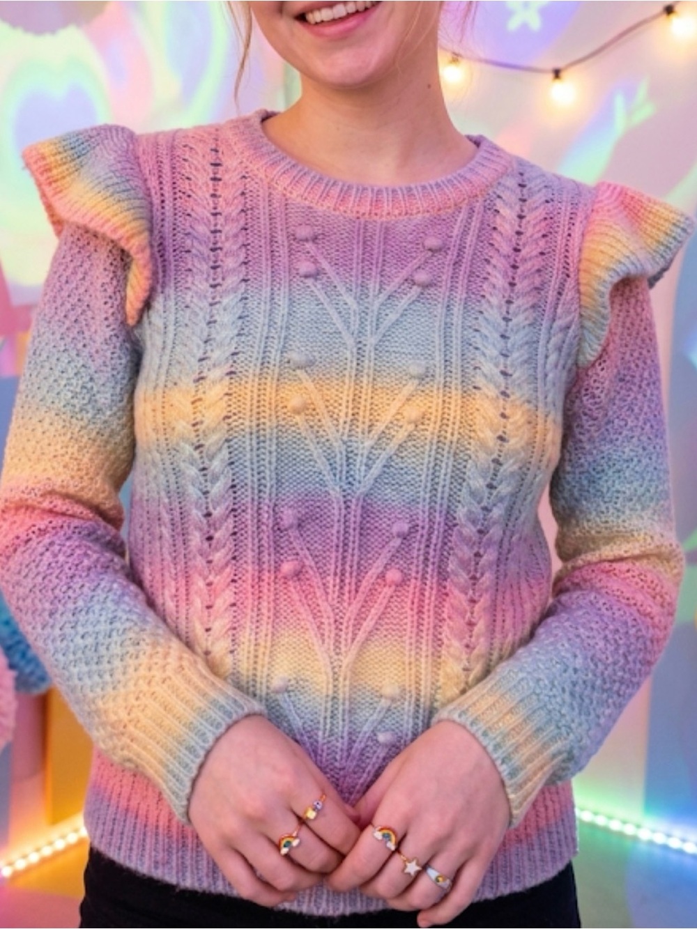LOFT Pastel Rainbow Cable-Knit Ruffle Shoulder Sweater - Multi